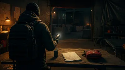A generic responder checks a flashlight, radio, route card, and medical pouch before a mission
