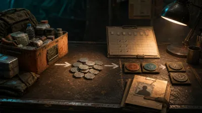 A field ledger shows supplies flowing into neutral tokens, a weekly checklist, and merit badges