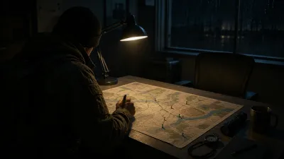 A lone generic responder studies an original route map under a desk lamp before solo practice