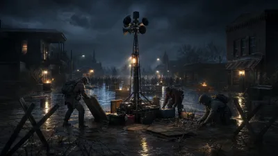 Three generic responders prepare barricades around an emergency speaker mast in a flooded street