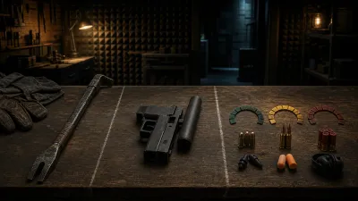 A workbench compares a generic melee tool, unbranded suppressed firearm, and limited ammunition