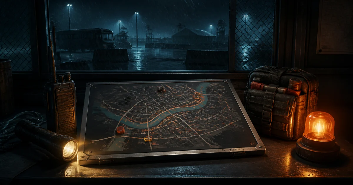 An emergency operations table with a route map, radio, flashlight, and beacon overlooking a flooded evacuation zone
